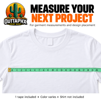Green flexible measuring tape across a white T-shirt for garment measurements and design placement.
