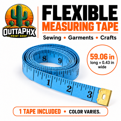 Single flexible sewing measuring tape, 59.06 inches long by 0.43 inches wide; color varies.