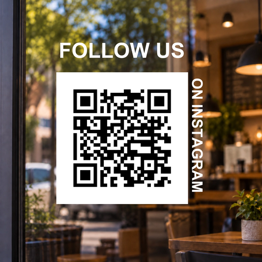 Black QR printed on opaque white vinyl panel with individual window lettering