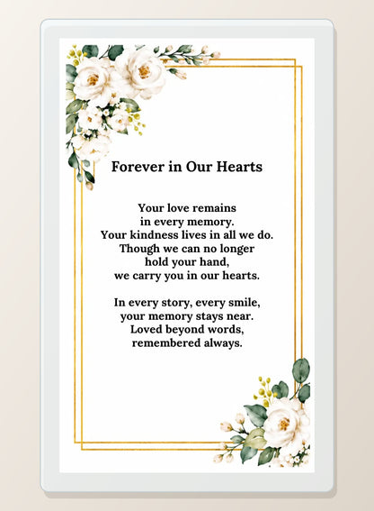 Forever in Our Hearts laminated memorial prayer card back with white roses and gold border