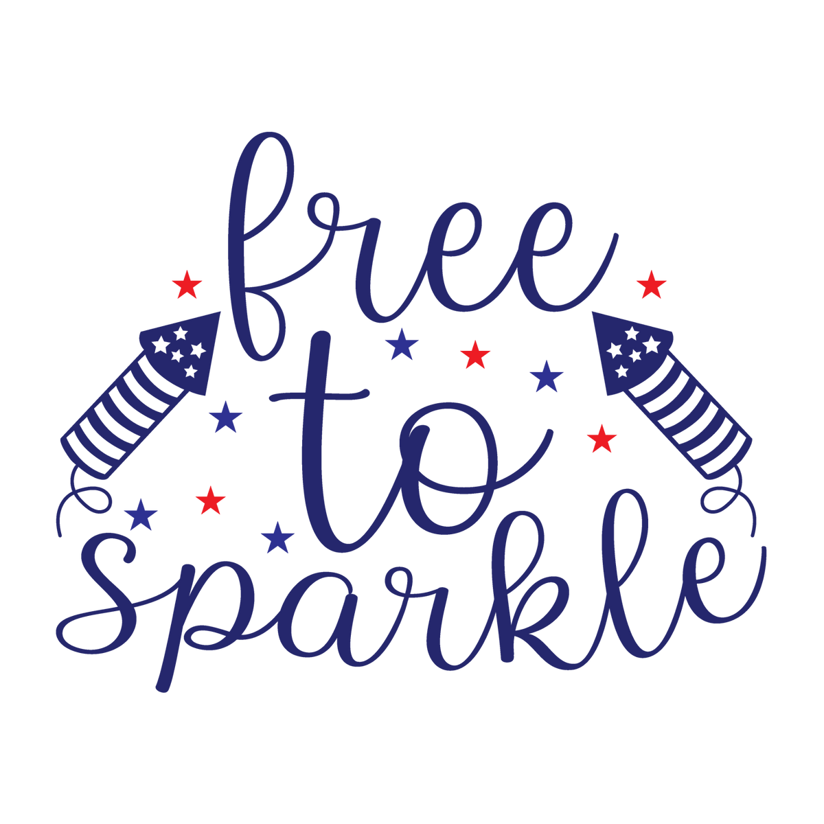 Free to Sparkle navy script with red stars and firework rockets.