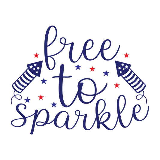 Free to Sparkle navy script with red stars and firework rockets.