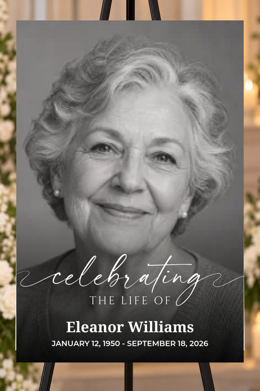 Celebrating a Life memorial foam board with sample photos, larger bold name and readable life dates, 24 by 36 inches