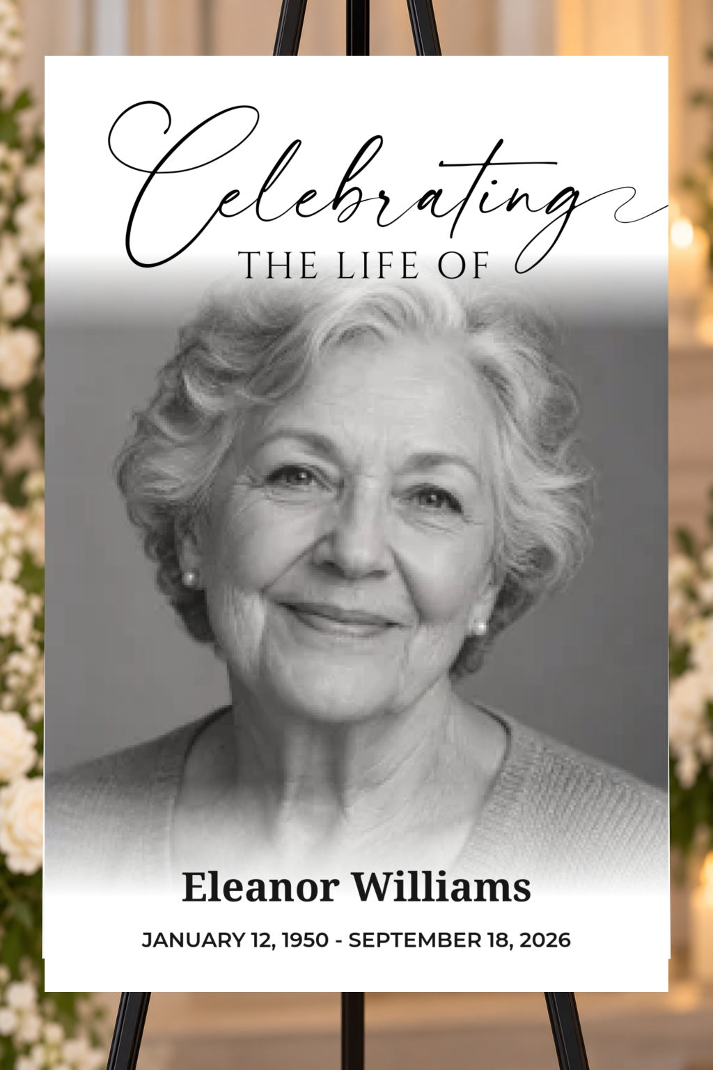 Celebrating a Life memorial foam board with sample photos, larger bold name and readable life dates, 24 by 36 inches