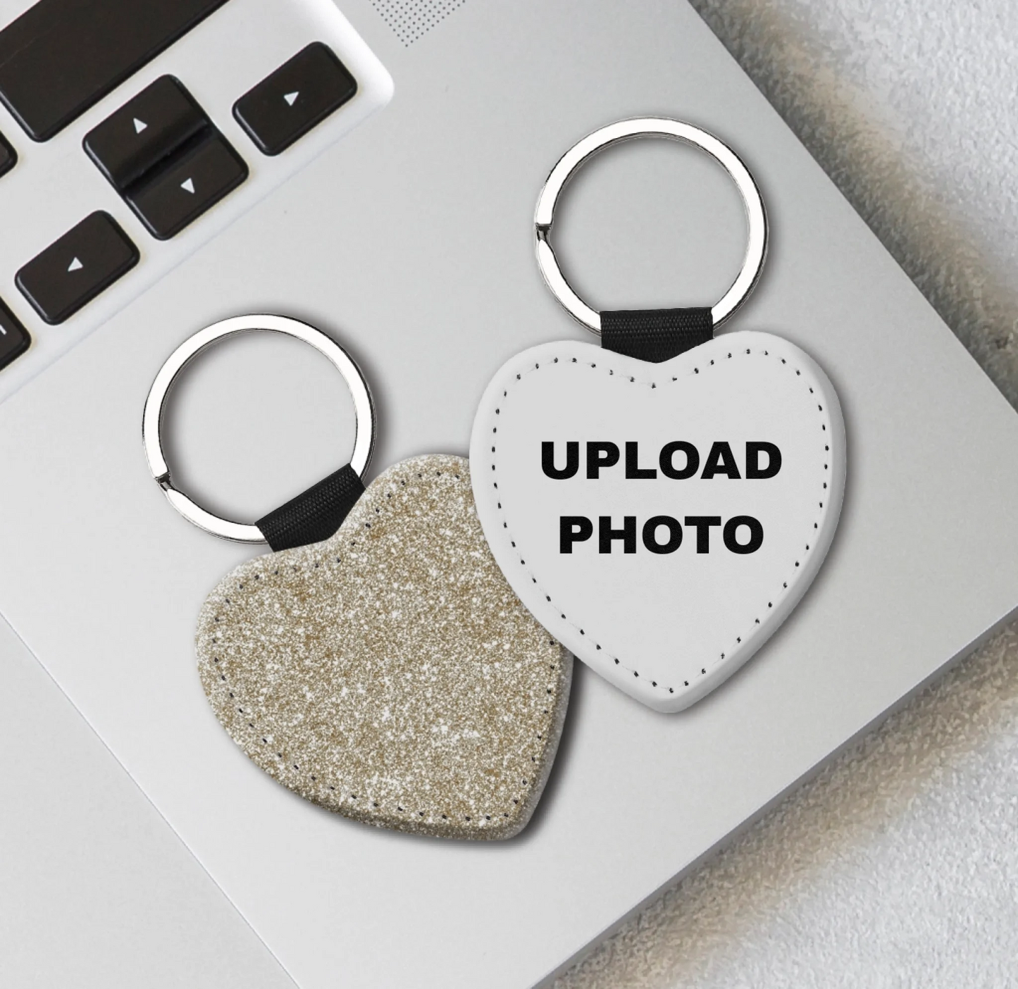 Gold glitter heart PU leather keychain customized with photos, logos, names, and artwork.