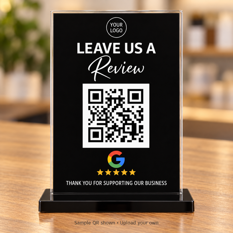 5x7 Google review sign with solid black printed insert in clear acrylic holder and black base, example QR shown