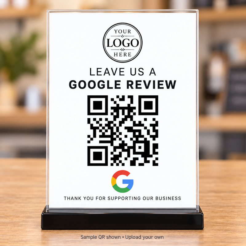 5x7 Google review sign with solid white printed insert in clear acrylic holder and black base, example QR shown