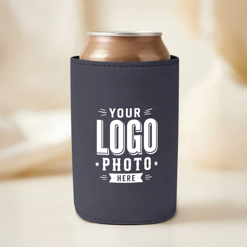 Custom gray leatherette can cooler with UV printed logos, names, photos, and artwork for corporate gifts, businesses, events, golf tournaments, and promotional marketing.
