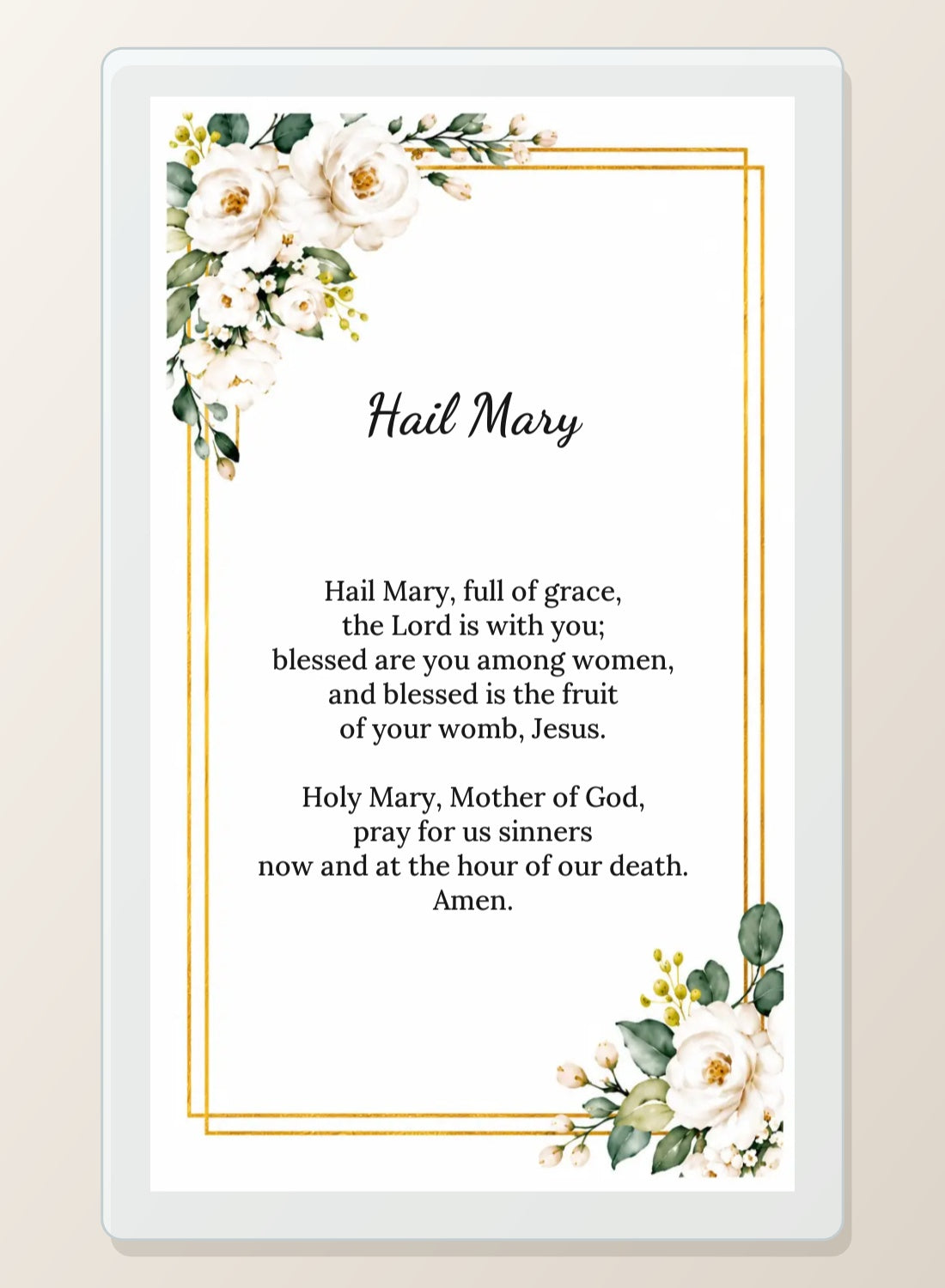 Hail Mary laminated memorial prayer card back with white roses and gold border