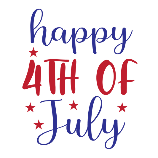 Happy 4th of July red and navy script lettering surrounded by stars.