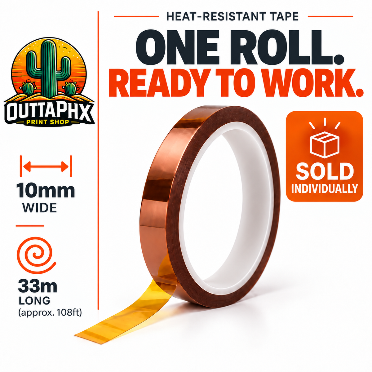 One heat-resistant tape roll sold individually, measuring 10mm wide by 33m long.