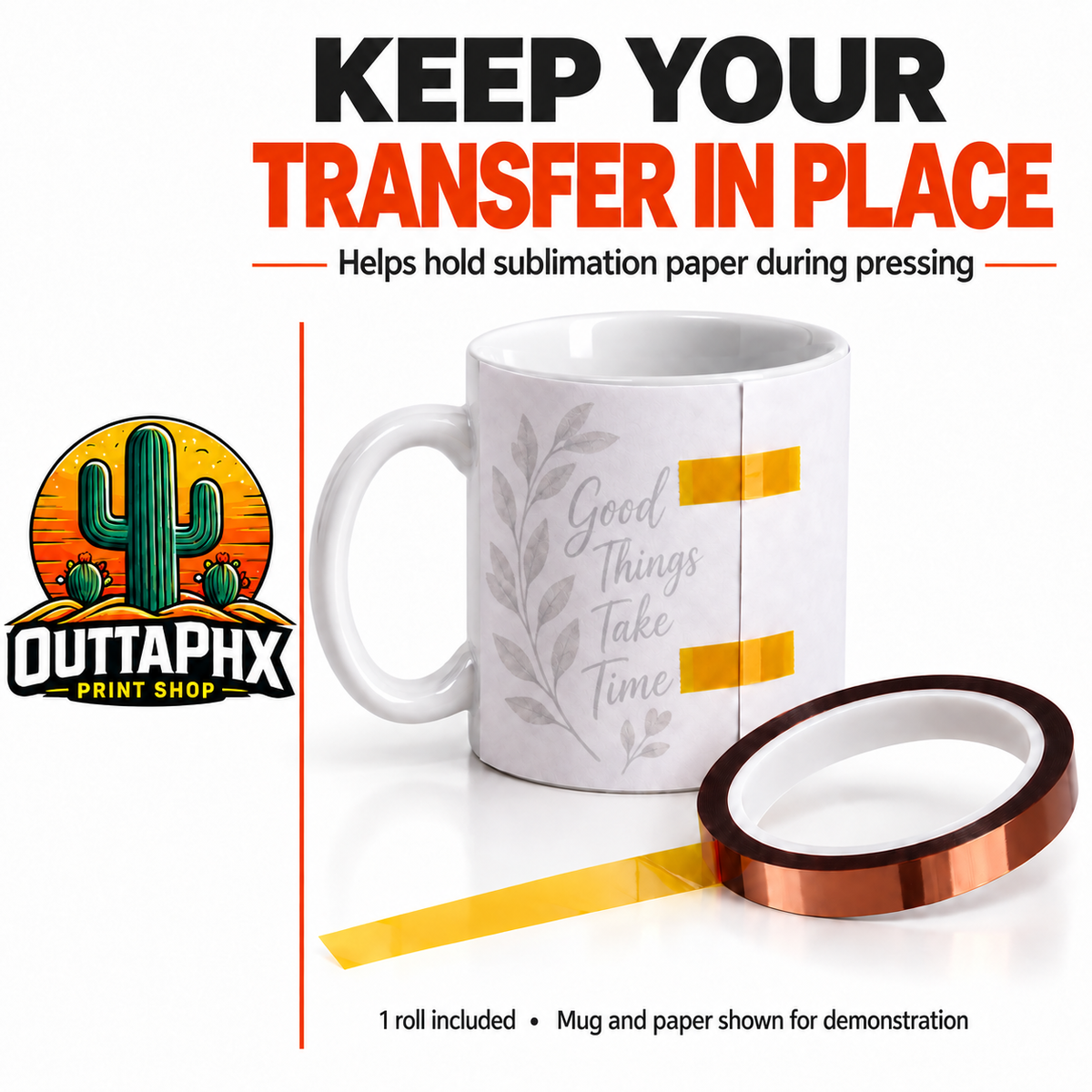 Amber heat tape securing a faint botanical sublimation transfer around a ceramic mug.