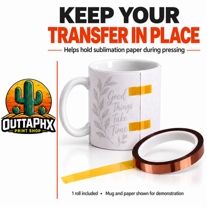 Amber heat tape securing a faint botanical sublimation transfer around a ceramic mug.
