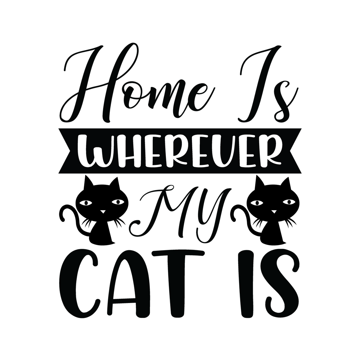 A banner, cat faces and mixed lettering turn Home Is Wherever My Cat Is into a cozy statement for cat lovers.