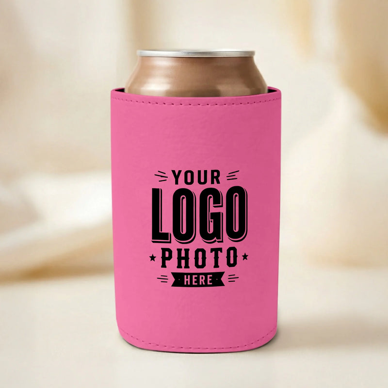 Custom hot pink leatherette can cooler with UV printed logos, names, photos, and artwork for weddings, bridal showers, businesses, events, and promotional marketing.
