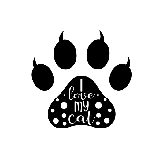 A large black paw print contains white I Love My Cat lettering surrounded by dots, creating a compact cat-lover emblem.