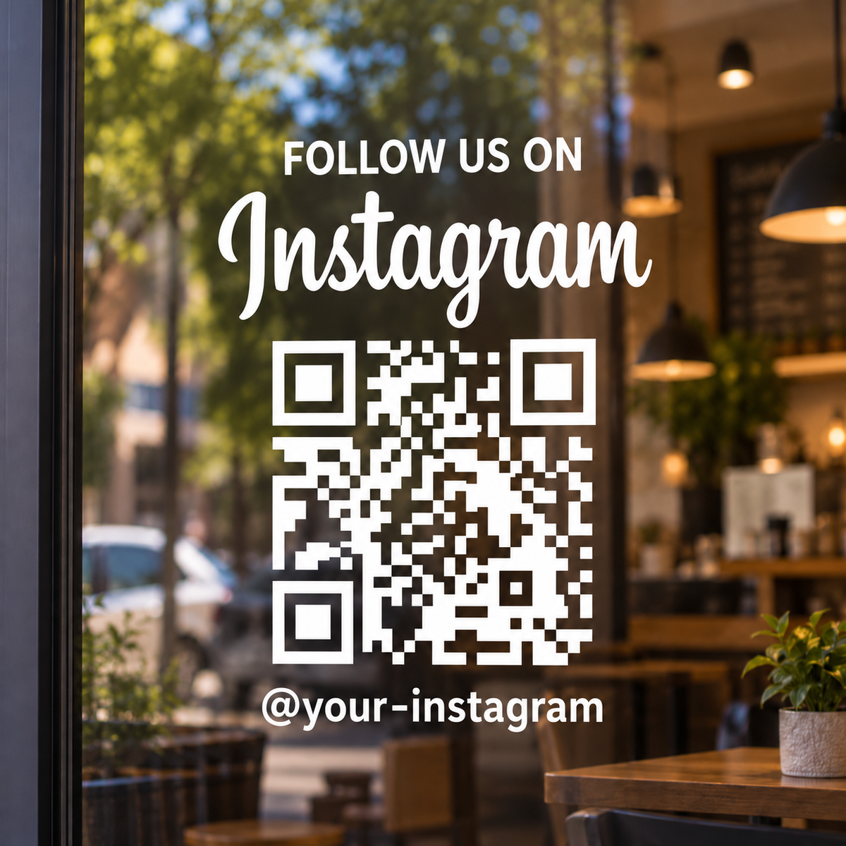 White script Instagram QR decal on cafe window - sample @your-instagram