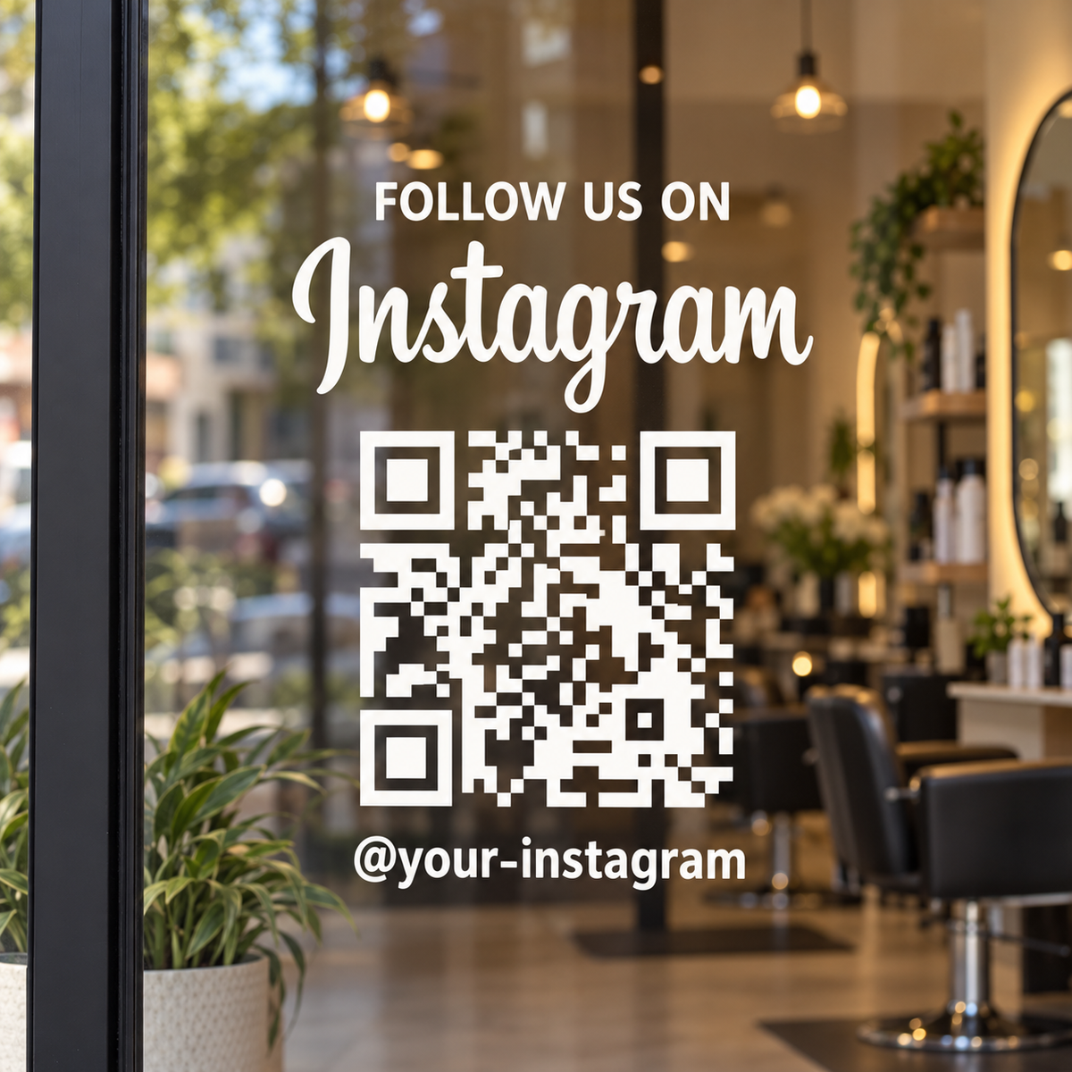 White script Instagram QR decal on salon window - sample @your-instagram