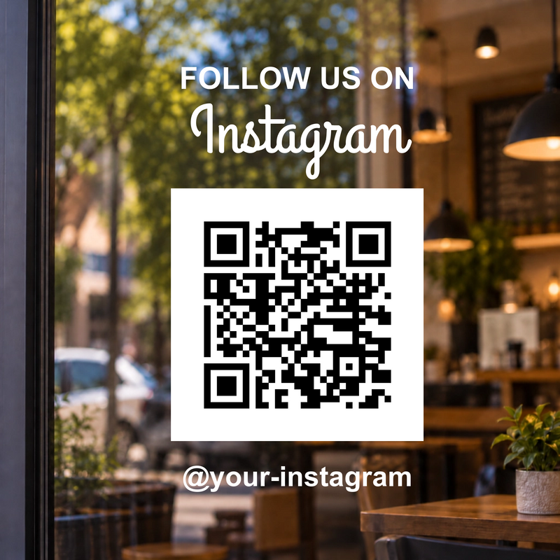 Black QR on opaque white vinyl panel with instagram window lettering