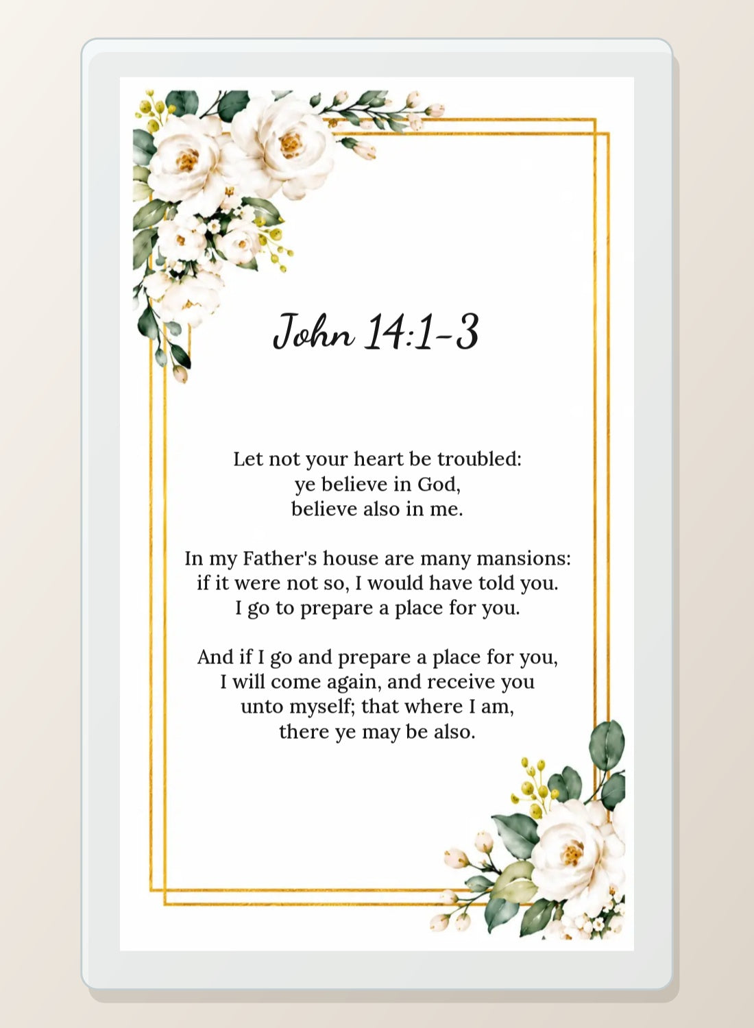 John 14:1–3 laminated memorial prayer card back with white roses and gold border