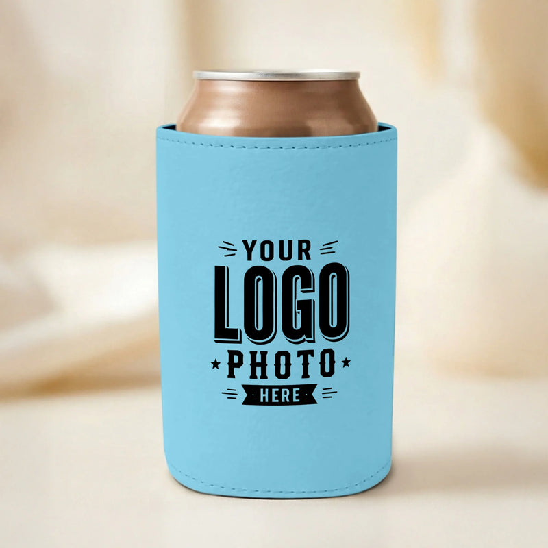 Custom light blue leatherette can cooler with UV printed logos, names, photos, and artwork for businesses, baby showers, weddings, events, and promotional marketing.