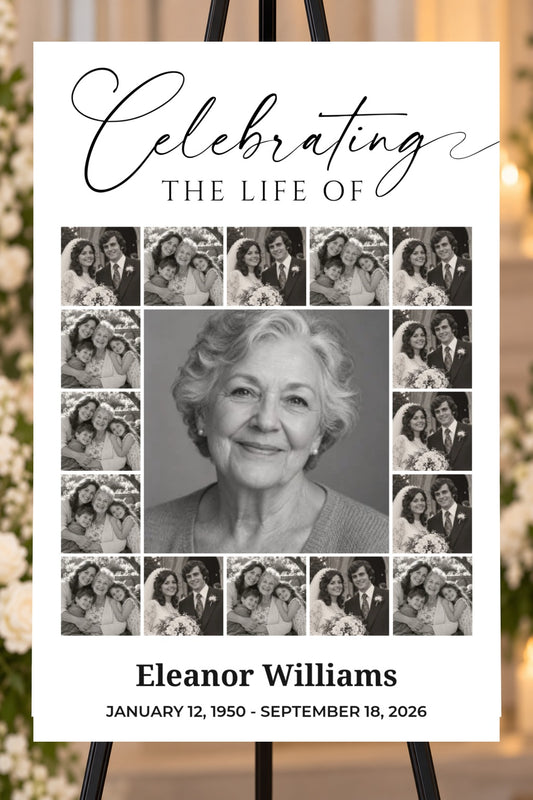 Celebrating a Life memorial foam board with sample photos, larger bold name and readable life dates, 24 by 36 inches