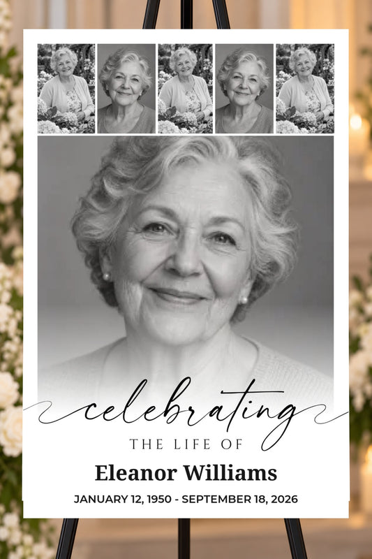 Celebrating a Life memorial foam board with sample photos, larger bold name and readable life dates, 24 by 36 inches