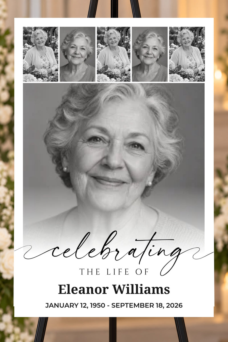 Celebrating a Life memorial foam board with sample photos, larger bold name and readable life dates, 24 by 36 inches