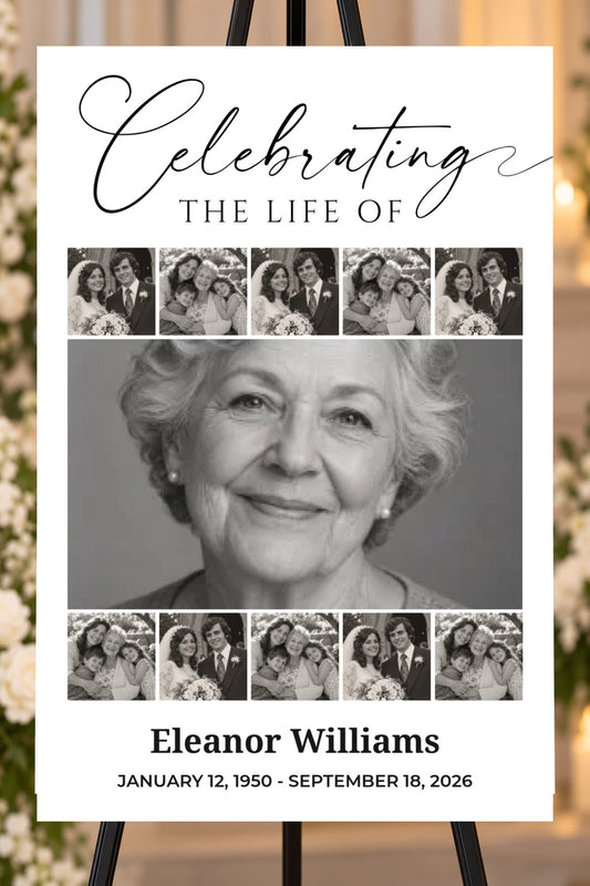 Celebrating a Life memorial foam board with sample photos, larger bold name and readable life dates, 24 by 36 inches