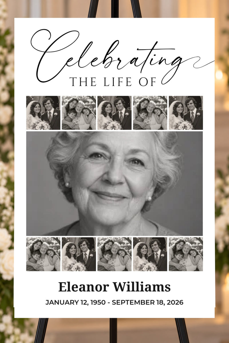 Celebrating a Life memorial foam board with sample photos, larger bold name and readable life dates, 24 by 36 inches