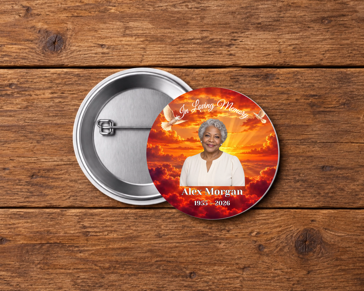 Personalized 2.25-inch memorial pin button, Design 001, with example portrait, name and dates
