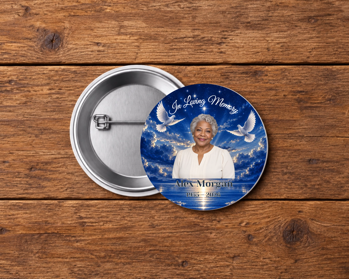 Personalized 2.25-inch memorial pin button, Design 002, with example portrait, name and dates