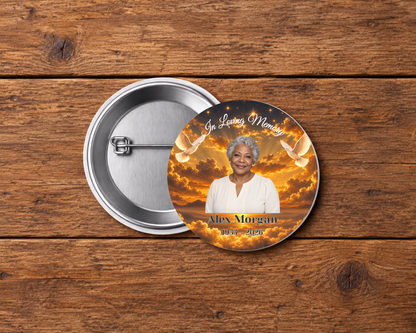 Personalized 2.25-inch memorial pin button, Design 003, with example portrait, name and dates