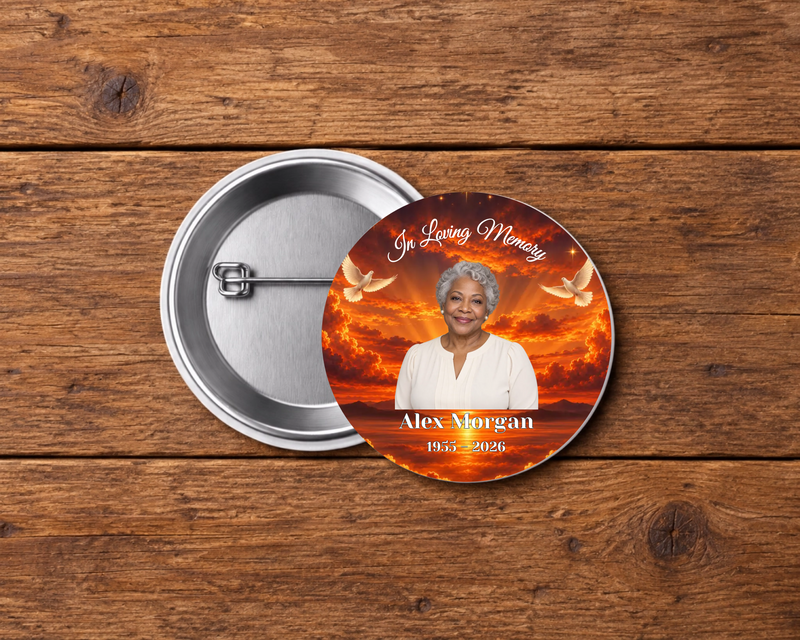 Personalized 2.25-inch memorial pin button, Design 004, with example portrait, name and dates