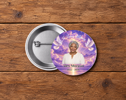 Personalized 2.25-inch memorial pin button, Design 005, with example portrait, name and dates