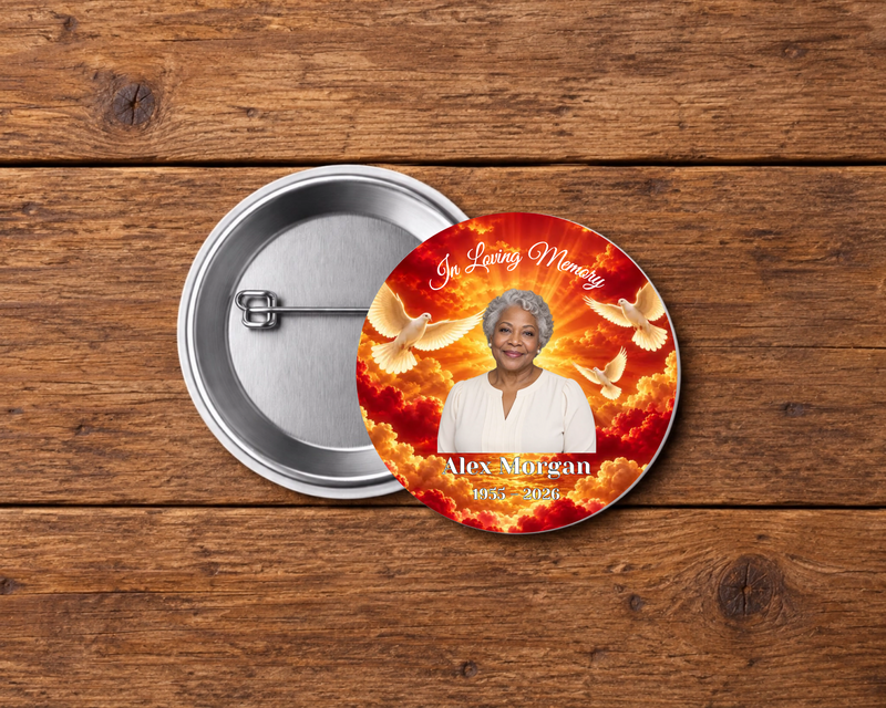 Personalized 2.25-inch memorial pin button, Design 006, with example portrait, name and dates