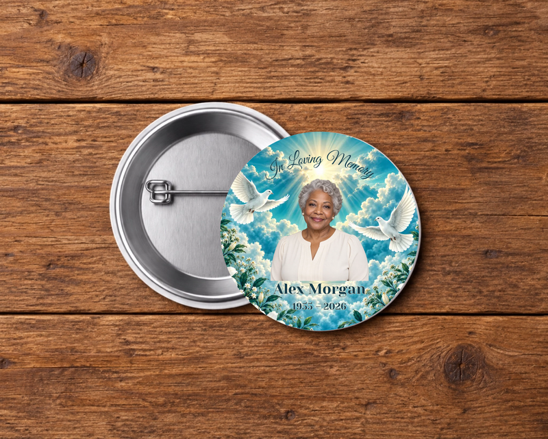 Personalized 2.25-inch memorial pin button, Design 007, with example portrait, name and dates