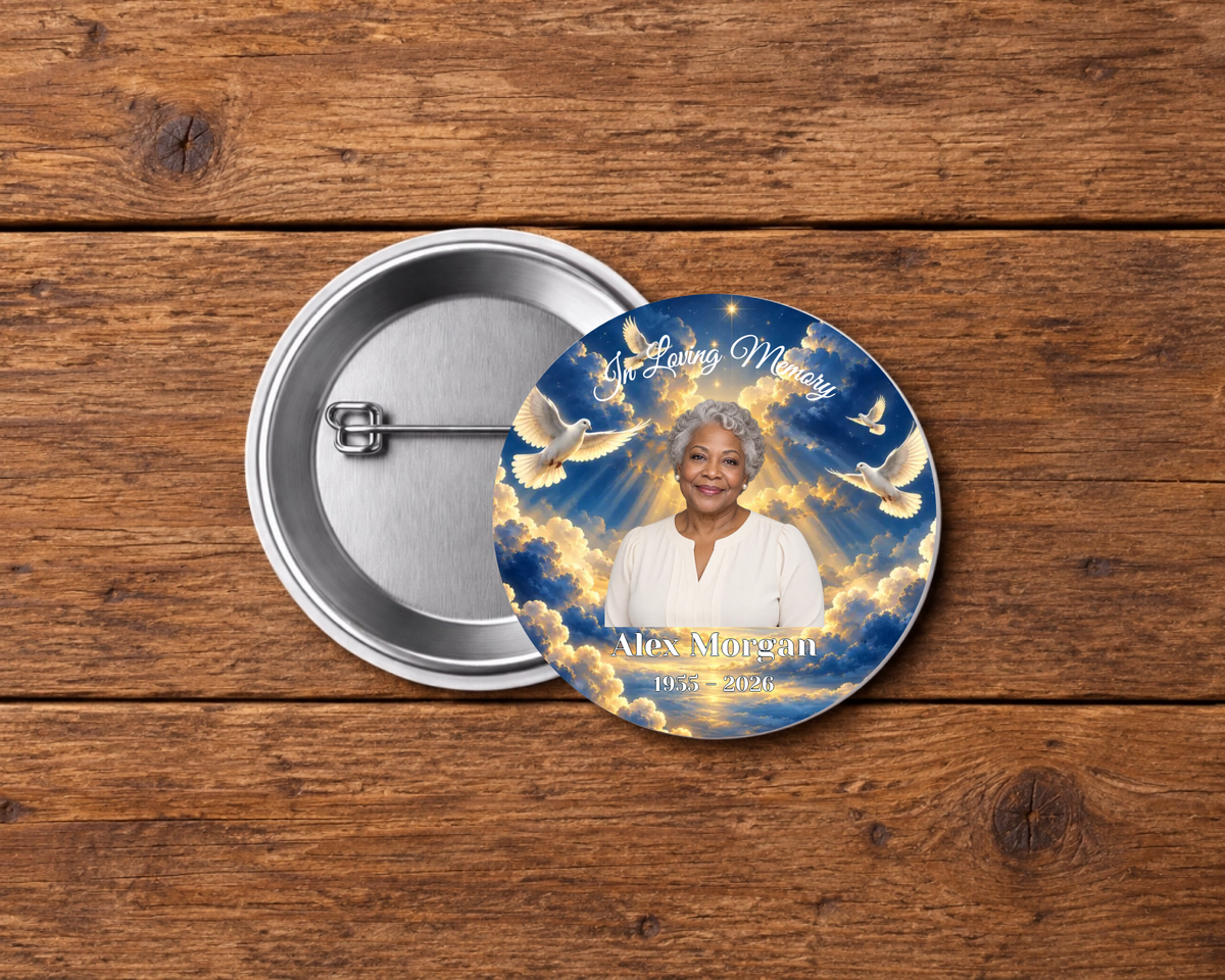 Personalized 2.25-inch memorial pin button, Design 009, with example portrait, name and dates