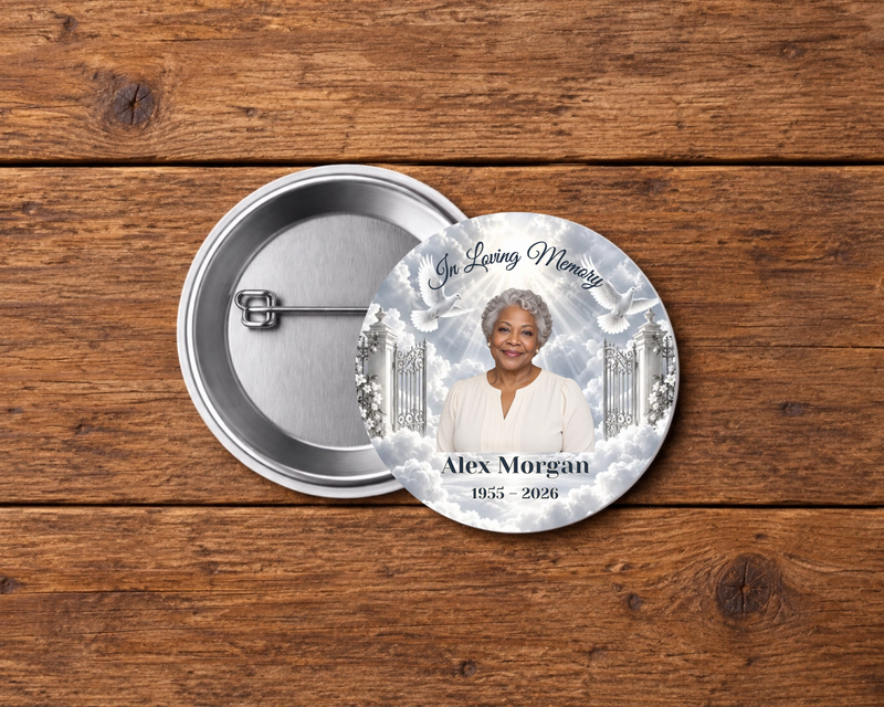 Personalized 2.25-inch memorial pin button, Design 010, with example portrait, name and dates