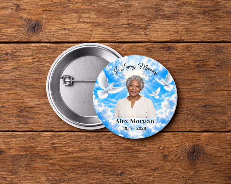 Personalized 2.25-inch memorial pin button, Design 012, with example portrait, name and dates