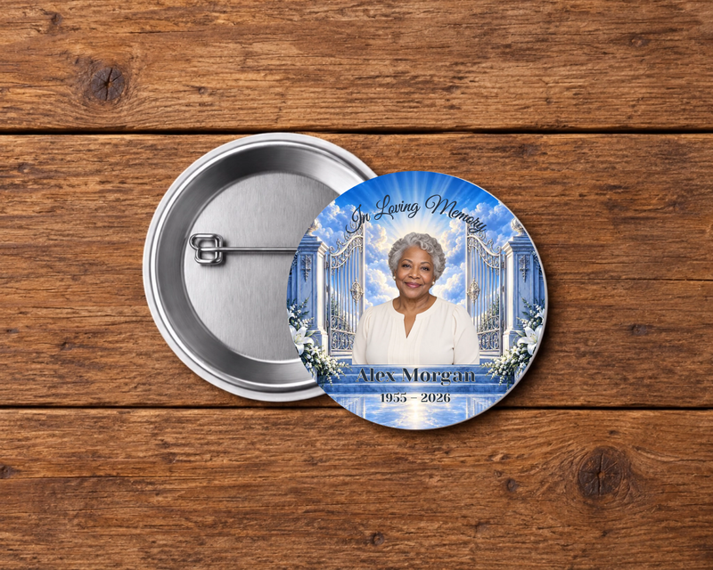 Personalized 2.25-inch memorial pin button, Design 013, with example portrait, name and dates