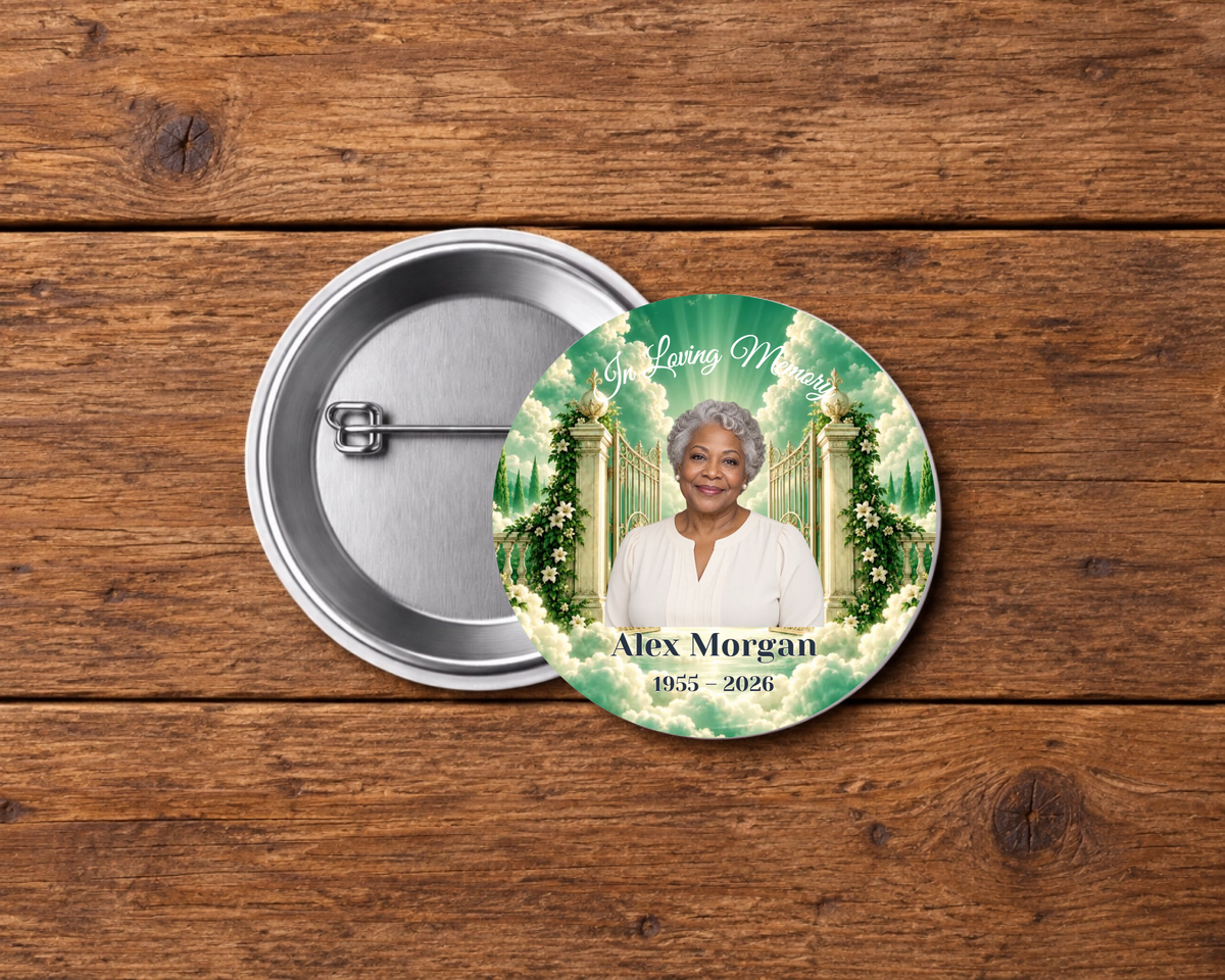Personalized 2.25-inch memorial pin button, Design 014, with example portrait, name and dates