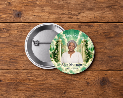 Personalized 2.25-inch memorial pin button, Design 014, with example portrait, name and dates