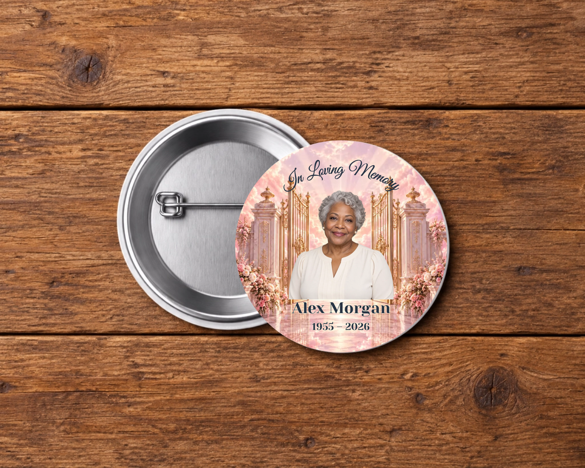 Personalized 2.25-inch memorial pin button, Design 015, with example portrait, name and dates