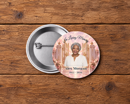 Personalized 2.25-inch memorial pin button, Design 015, with example portrait, name and dates