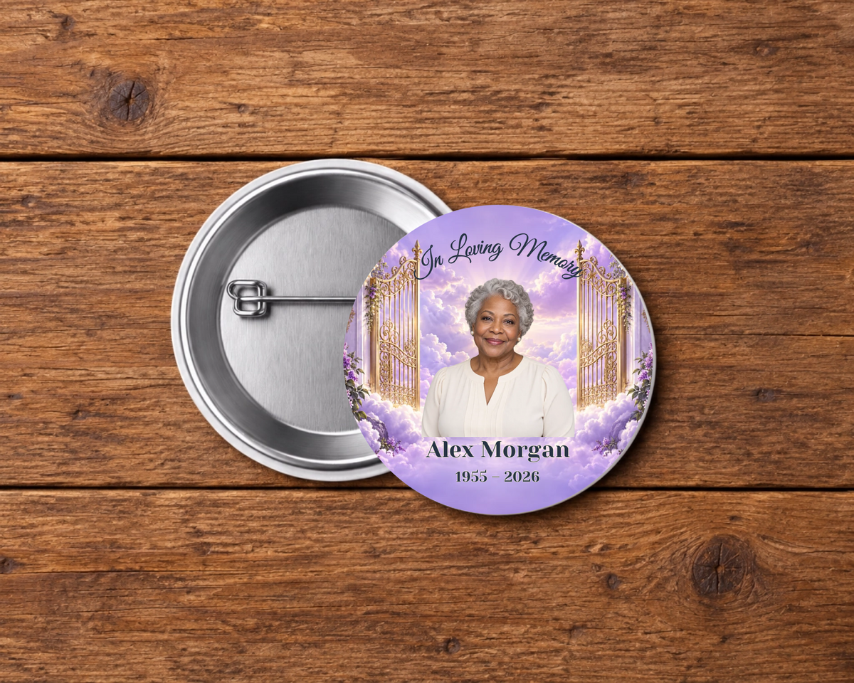 Personalized 2.25-inch memorial pin button, Design 016, with example portrait, name and dates
