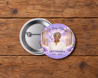 Personalized 2.25-inch memorial pin button, Design 016, with example portrait, name and dates