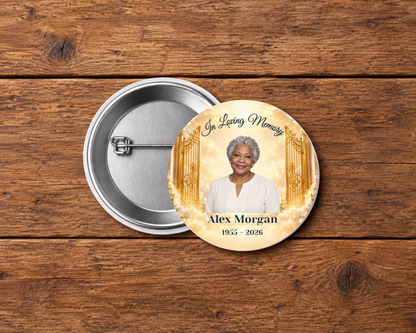 Personalized 2.25-inch memorial pin button, Design 017, with example portrait, name and dates