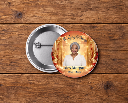 Personalized 2.25-inch memorial pin button, Design 018, with example portrait, name and dates