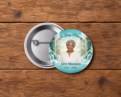 Personalized 2.25-inch memorial pin button, Design 019, with example portrait, name and dates